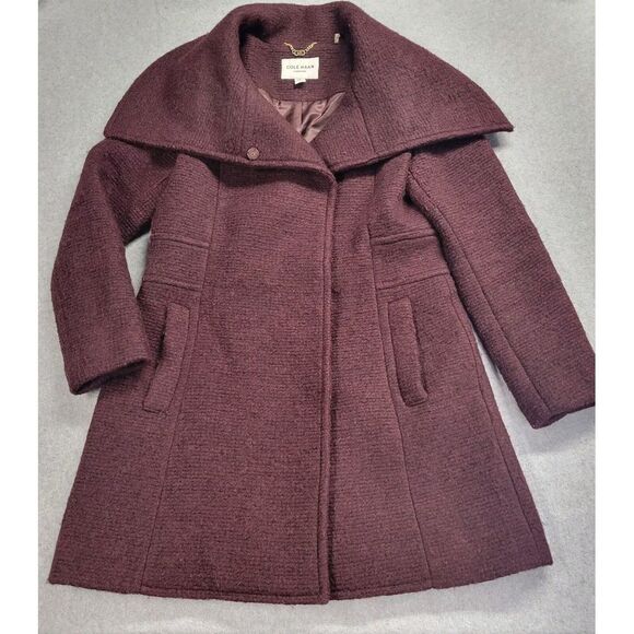 Cole Haan Maroon Textured Envelope‎ Collar Winter Coat Women's Size 6 Wool Blend - Picture 1 of 12